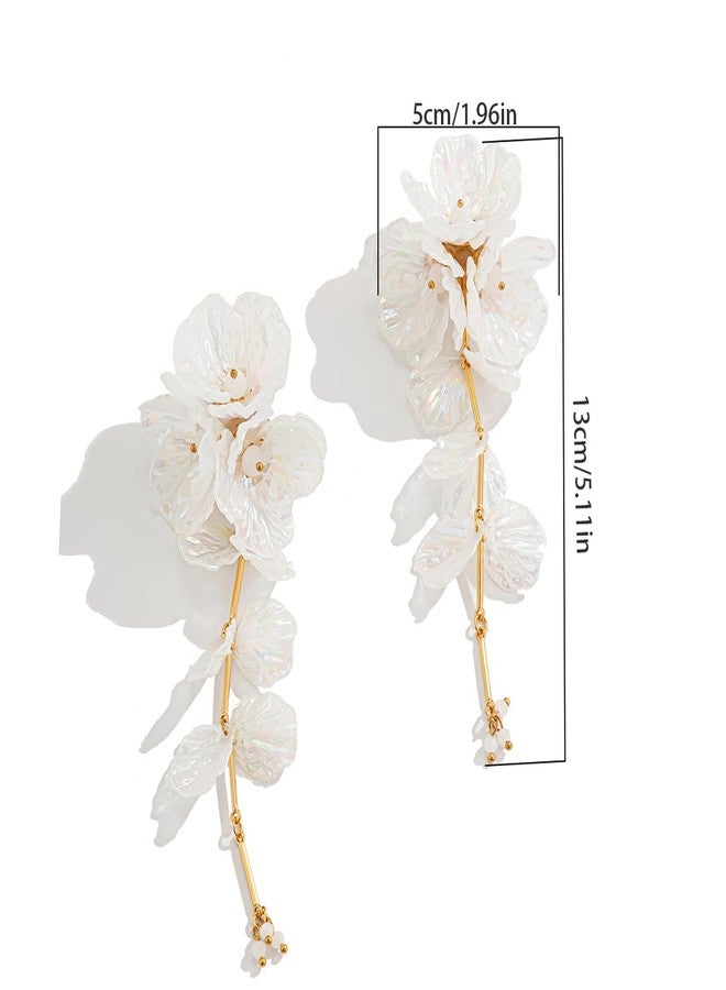 WFik 1Pair Vintage Big Flower Long Tassel Drop Earrings - Summer Boho Floral Crystal Shell Stud Earrings - White Alloy Metal - Female - Medium Size - Post Setting - Dangle Design - Wedding Occasion - Image 4